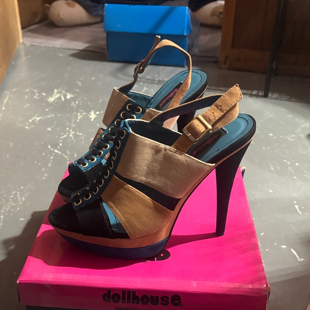 Dollhouse Tan and Black Strappy Heels